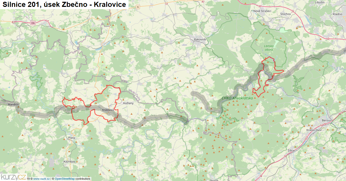 Úsek Zbečno - Kralovice, Silnice 201 - Mapa