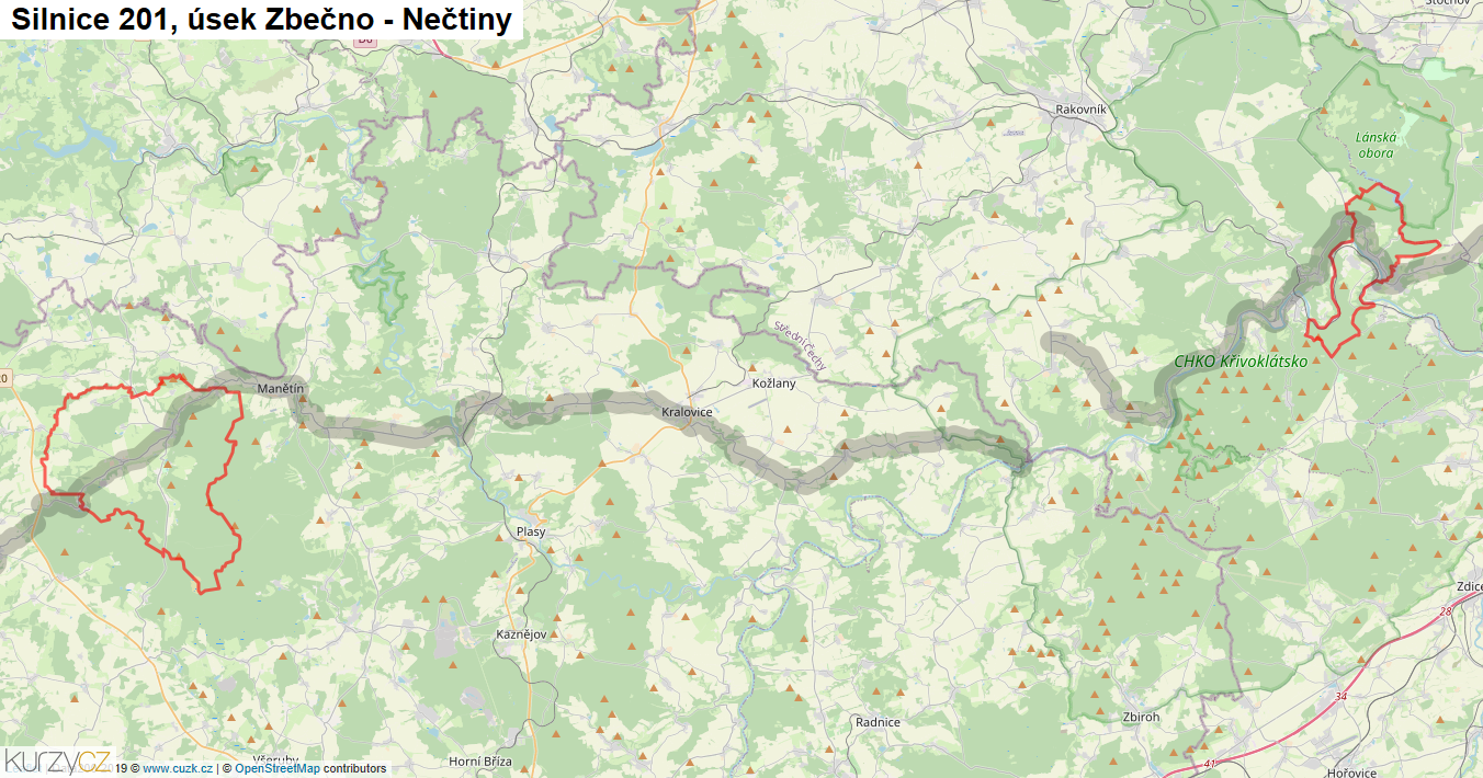 Úsek Zbečno - Nečtiny, Silnice 201 - Mapa
