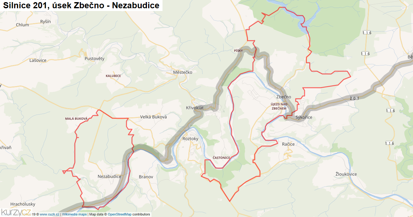 Úsek Zbečno - Nezabudice, Silnice 201 - Mapa