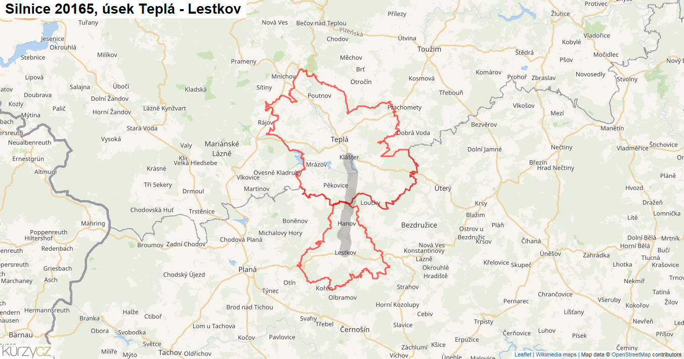 Úsek Teplá - Lestkov, Silnice 20165 - Mapa
