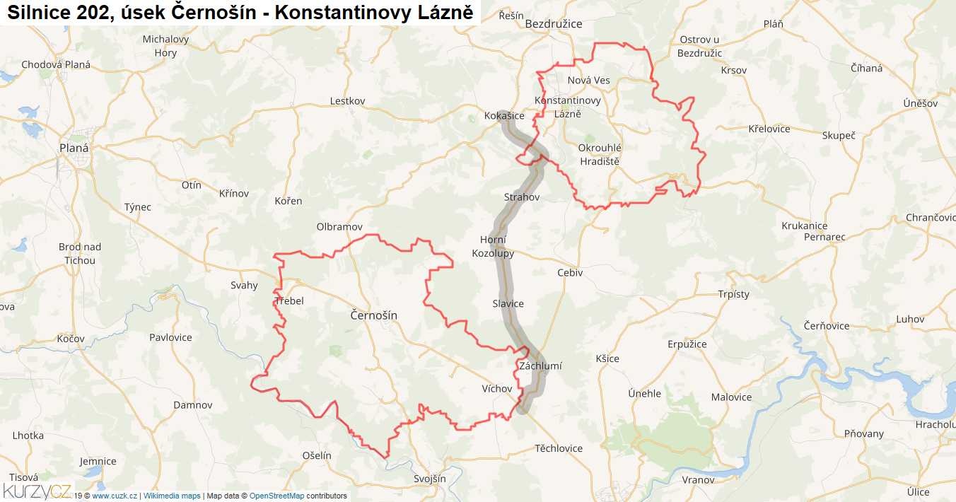 Úsek Černošín - Konstantinovy Lázně, Silnice 202 - Mapa