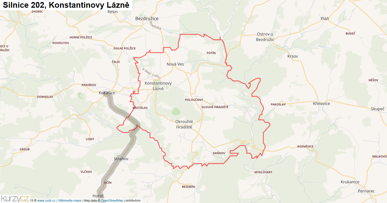 Konstantinovy Lázně, Silnice 202 - Mapa