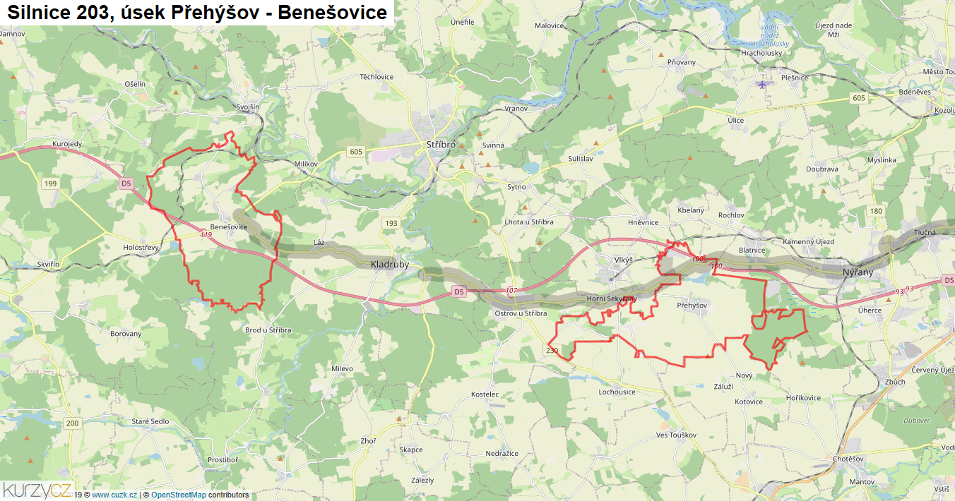 Úsek Přehýšov - Benešovice, Silnice 203 - Mapa