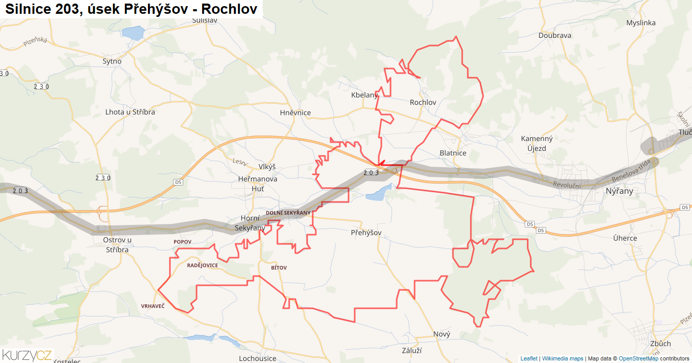 Úsek Přehýšov - Rochlov, Silnice 203 - Mapa