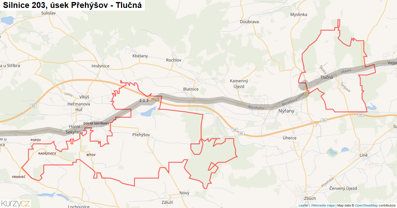 Úsek Přehýšov - Tlučná, Silnice 203 - Mapa