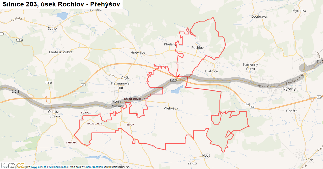 Úsek Rochlov - Přehýšov, Silnice 203 - Mapa
