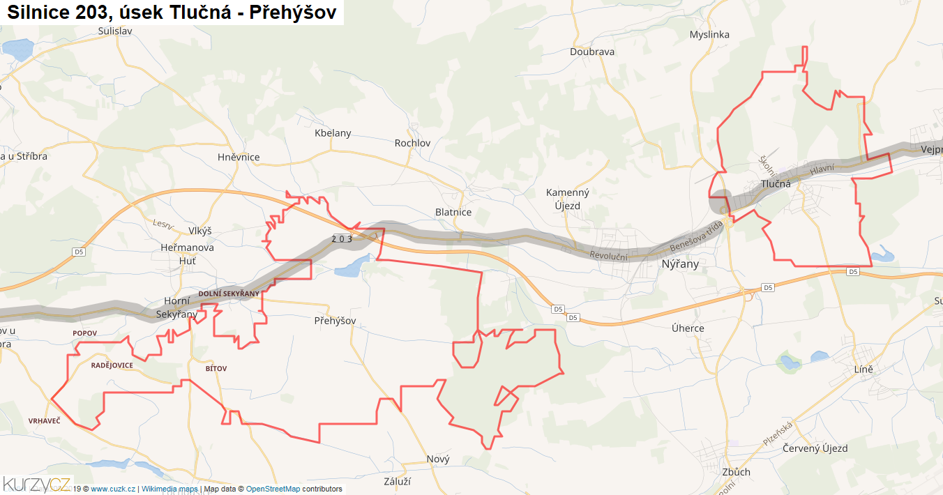 Úsek Tlučná - Přehýšov, Silnice 203 - Mapa