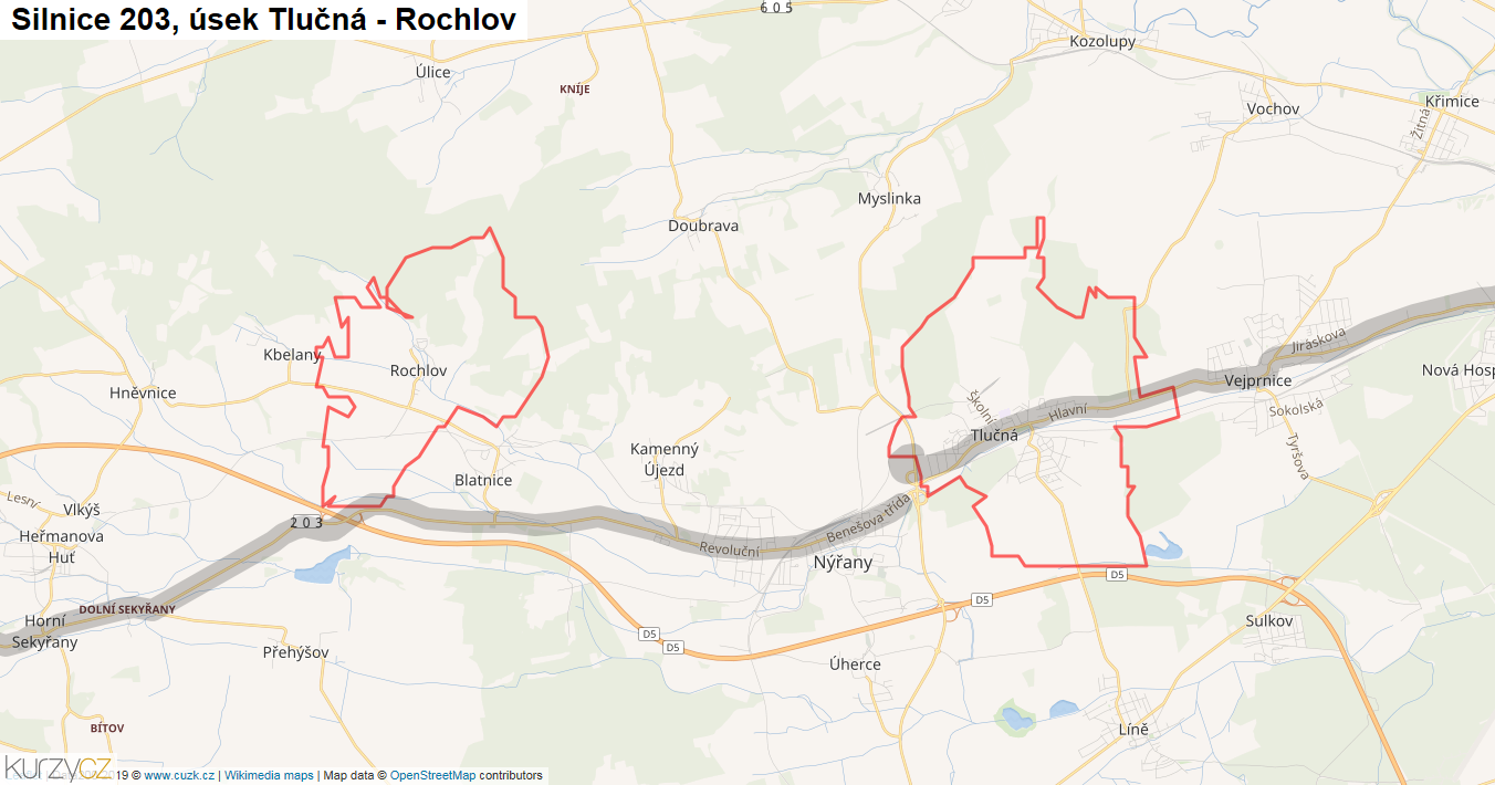 Úsek Tlučná - Rochlov, Silnice 203 - Mapa