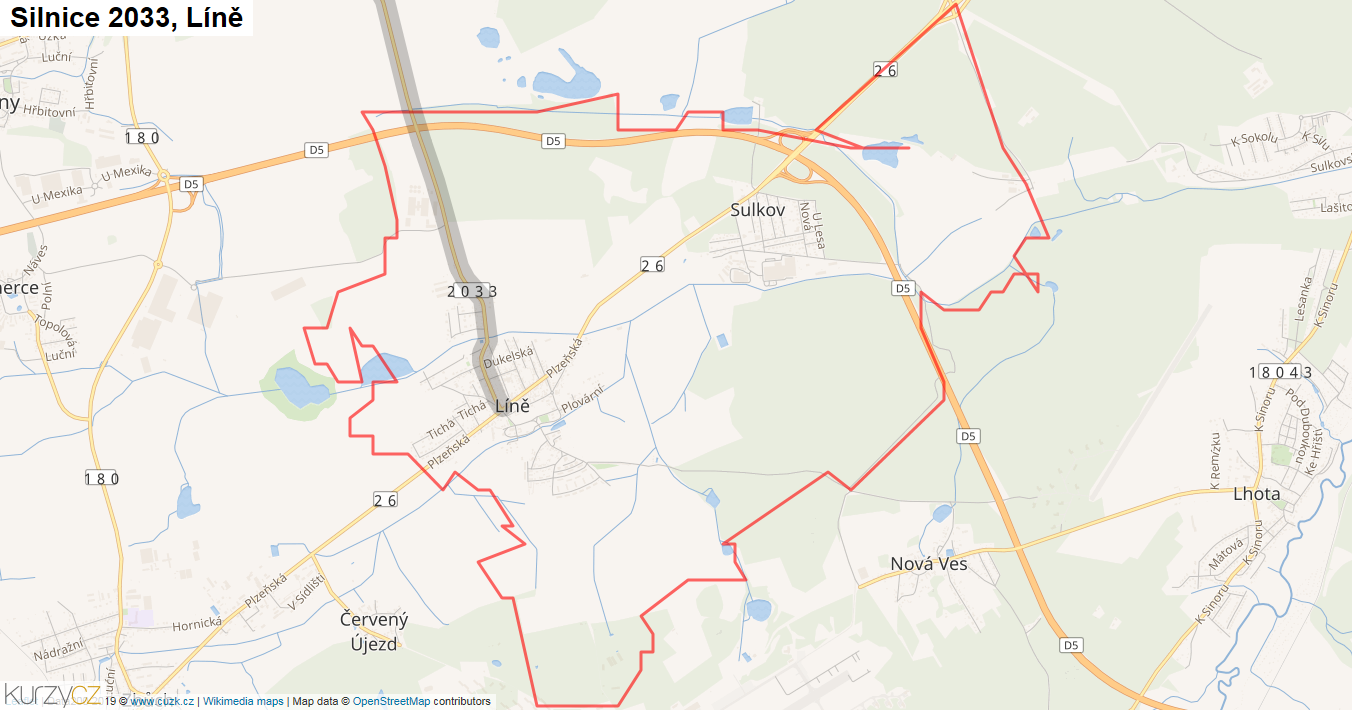 Líně, Silnice 2033 - Mapa