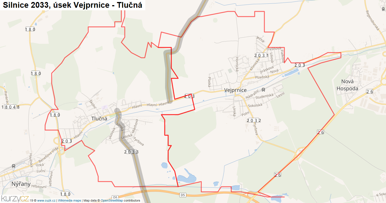 Úsek Vejprnice - Tlučná, Silnice 2033 - Mapa