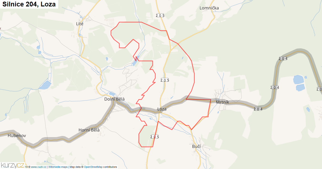 Loza, Silnice 204 - Mapa
