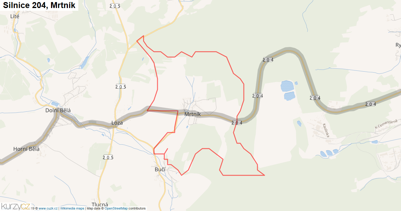Mrtník, Silnice 204 - Mapa