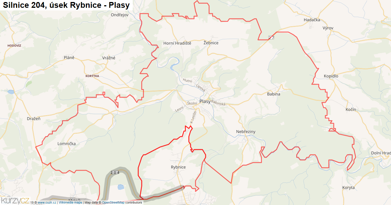 Úsek Rybnice - Plasy, Silnice 204 - Mapa