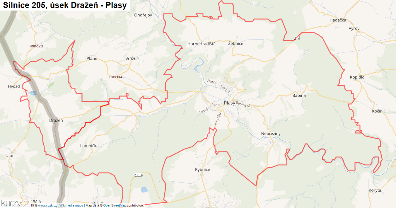 Úsek Dražeň - Plasy, Silnice 205 - Mapa
