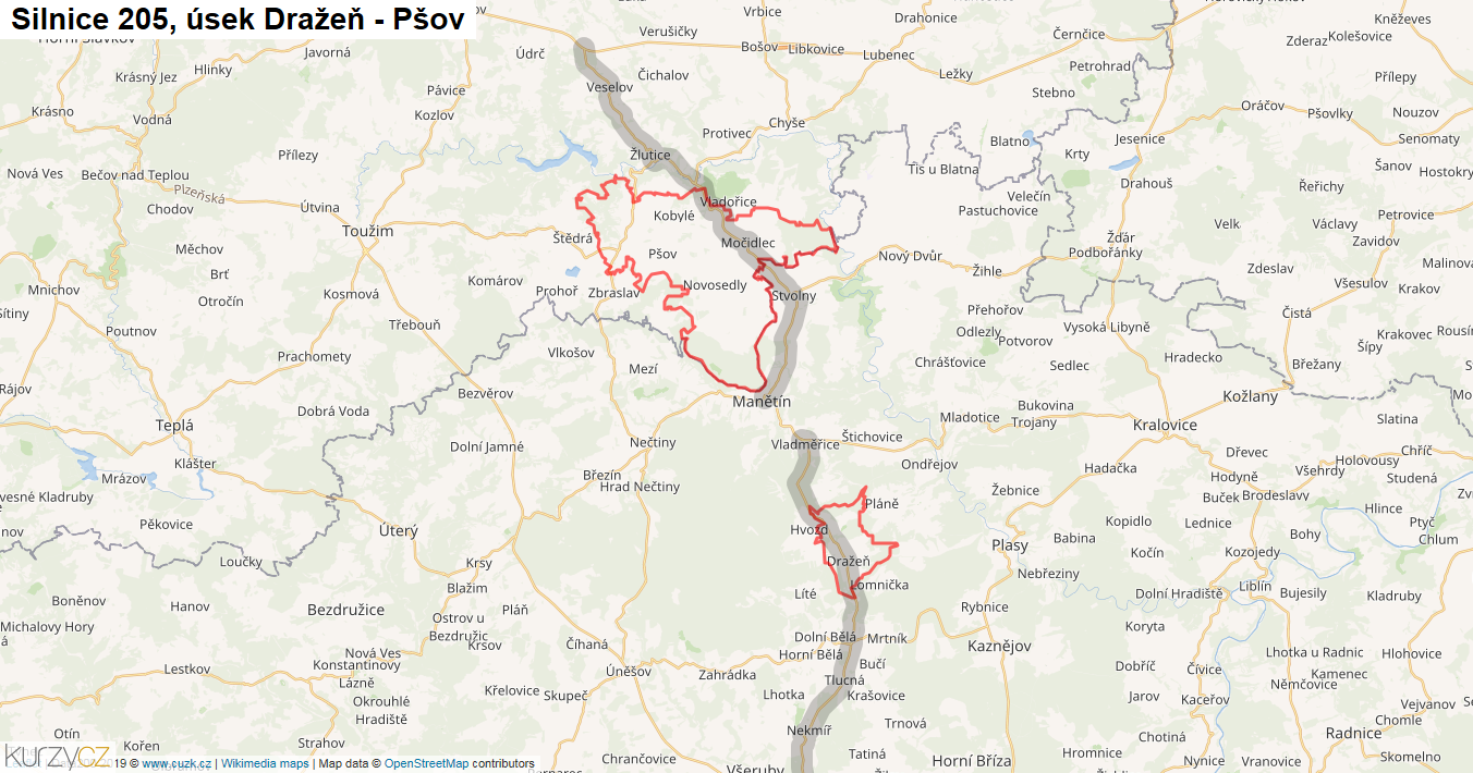 Úsek Dražeň - Pšov, Silnice 205 - Mapa