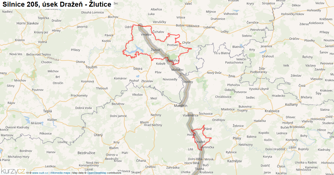 Úsek Dražeň - Žlutice, Silnice 205 - Mapa