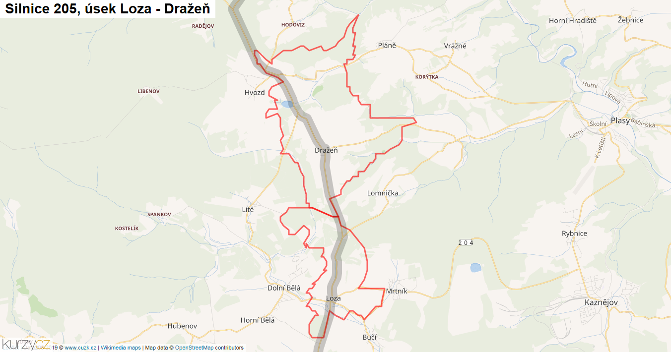 Úsek Loza - Dražeň, Silnice 205 - Mapa