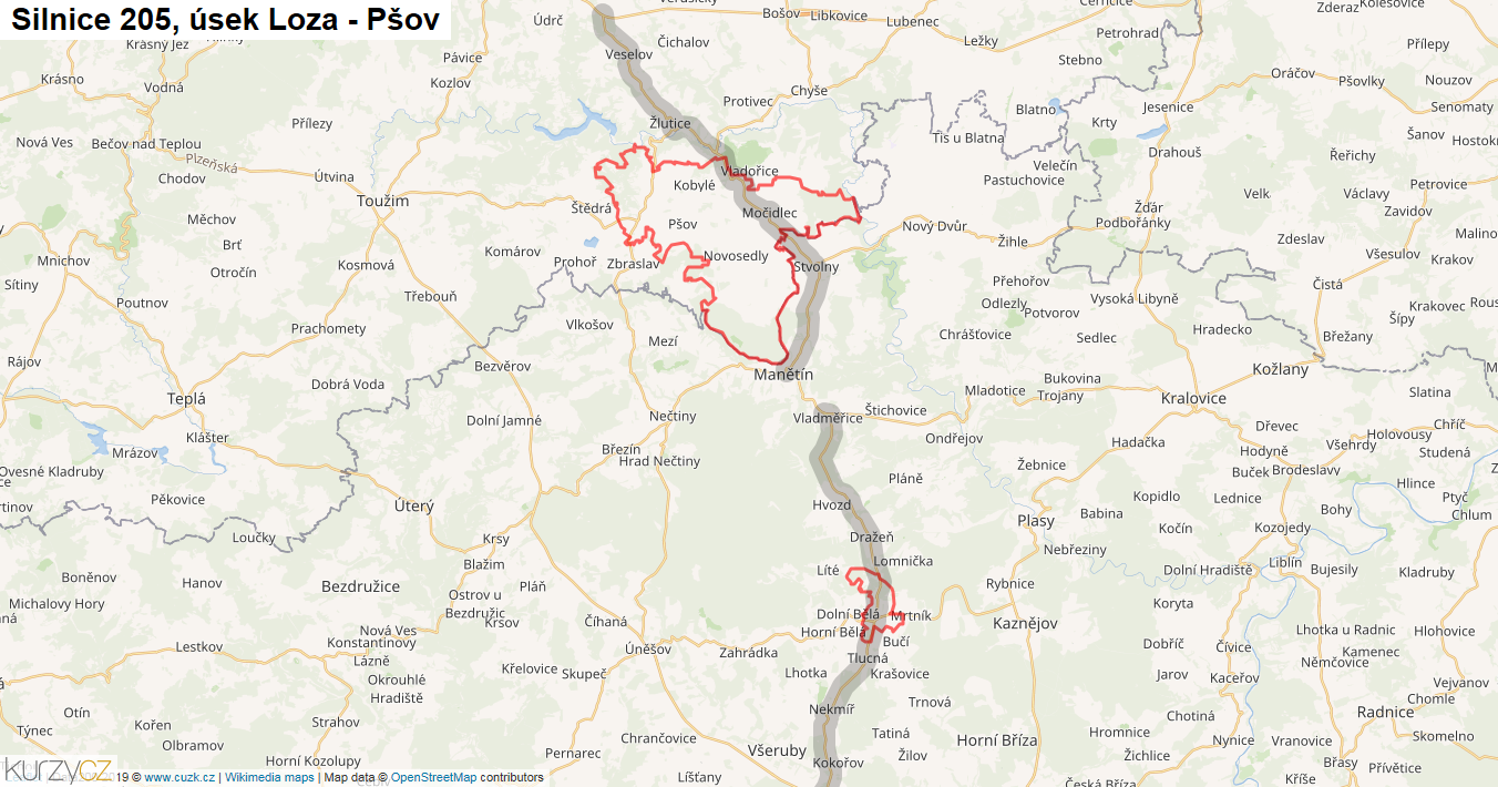 Úsek Loza - Pšov, Silnice 205 - Mapa