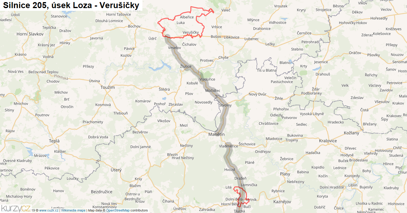 Úsek Loza - Verušičky, Silnice 205 - Mapa
