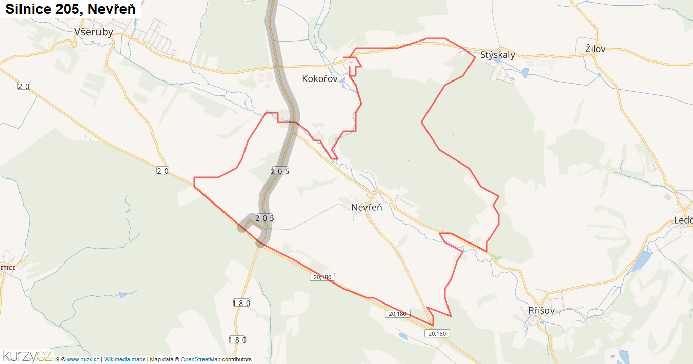 Nevřeň, Silnice 205 - Mapa