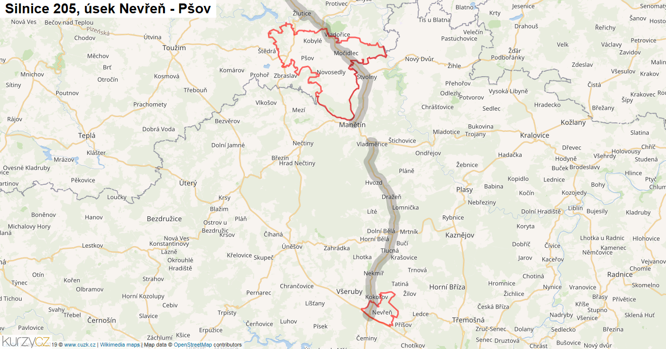 Úsek Nevřeň - Pšov, Silnice 205 - Mapa