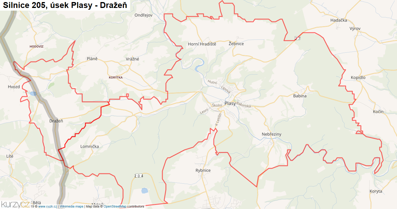 Úsek Plasy - Dražeň, Silnice 205 - Mapa