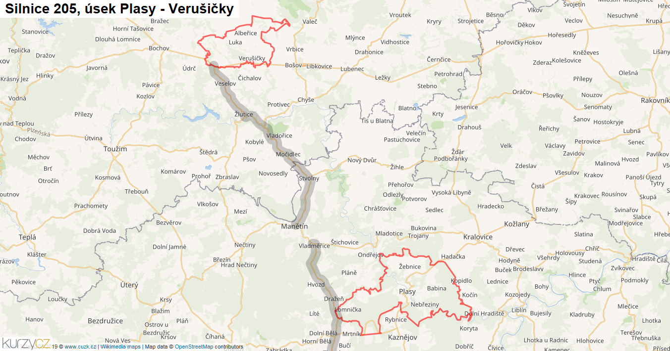 Úsek Plasy - Verušičky, Silnice 205 - Mapa