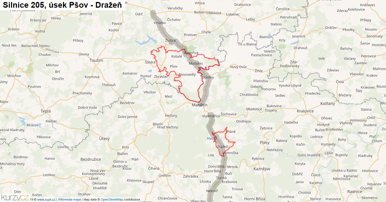 Úsek Pšov - Dražeň, Silnice 205 - Mapa