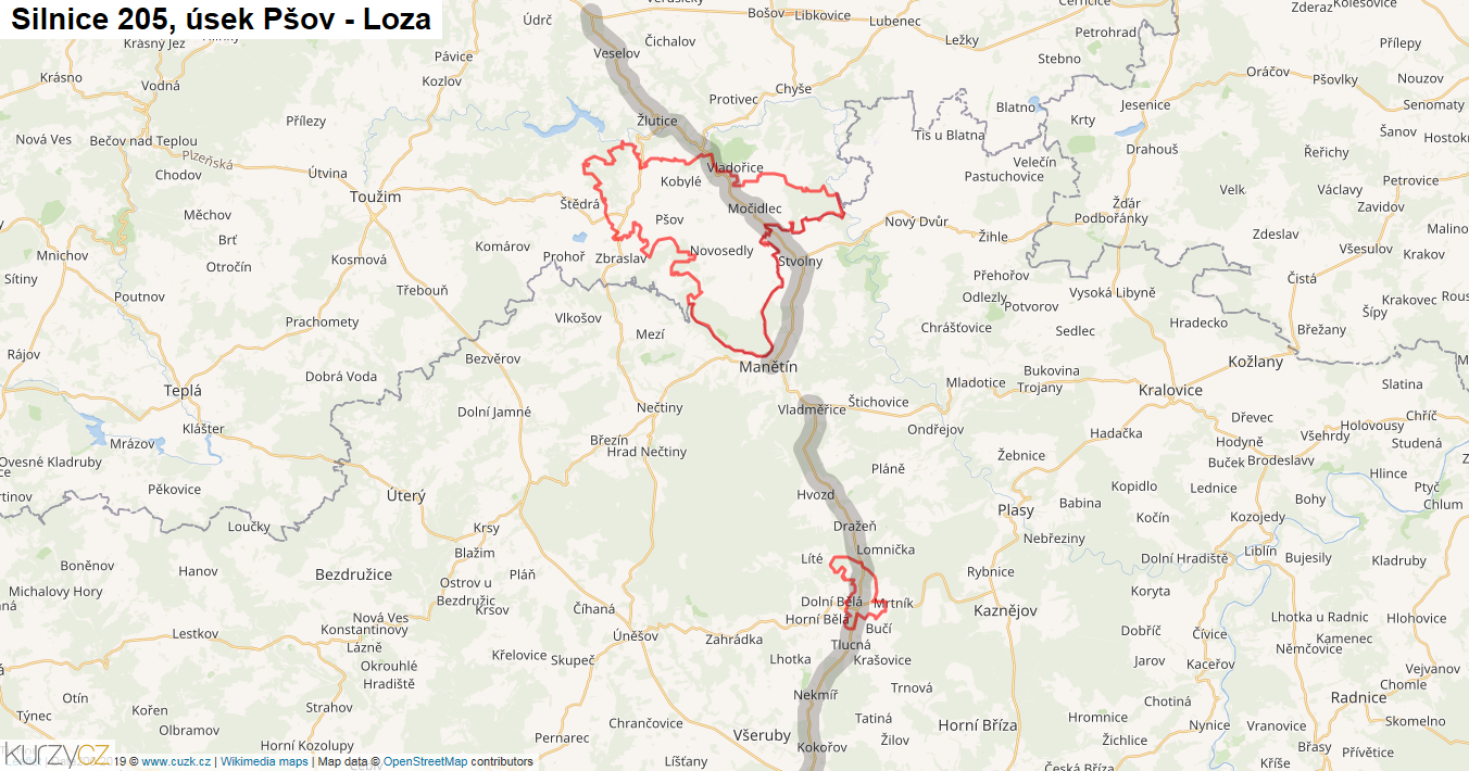 Úsek Pšov - Loza, Silnice 205 - Mapa