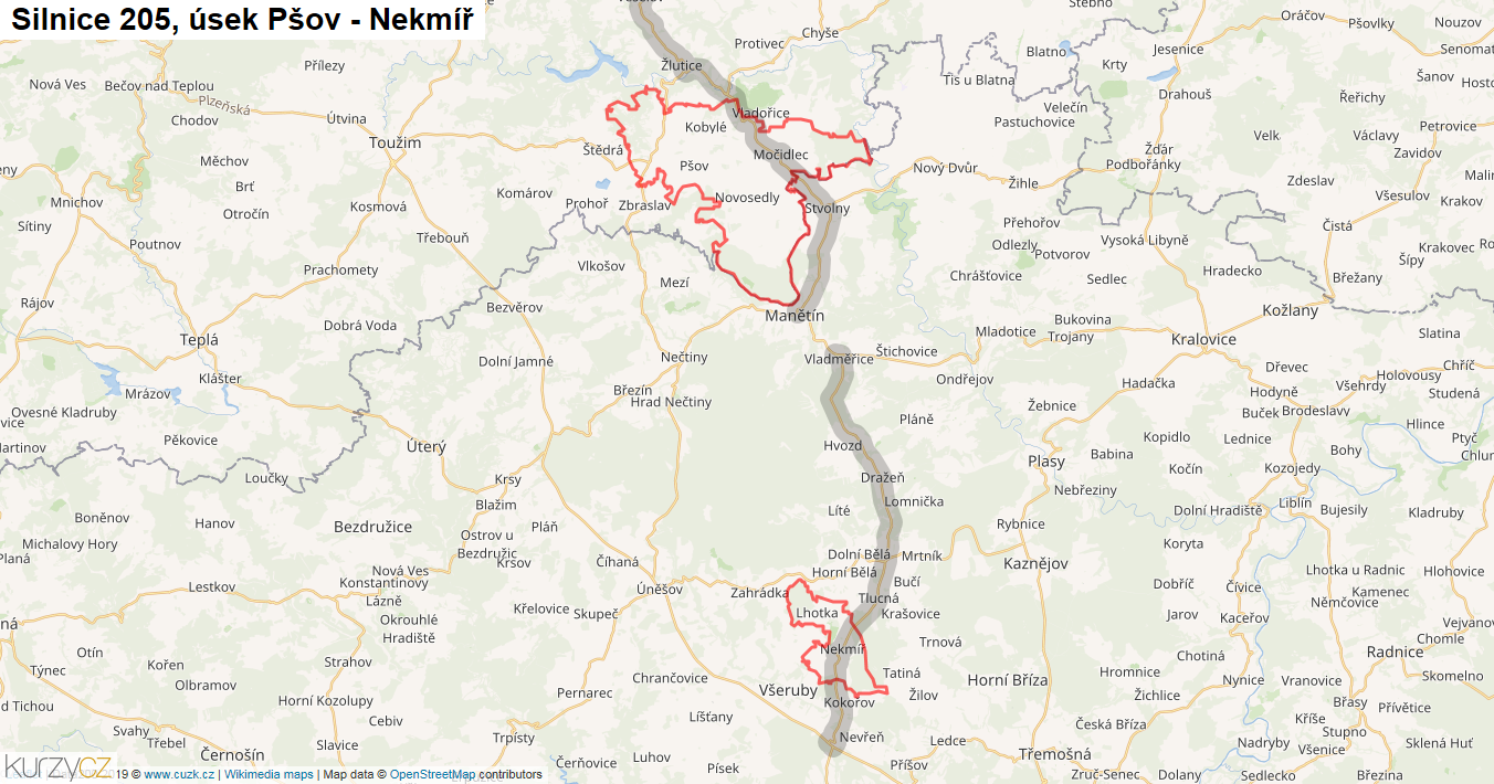Úsek Pšov - Nekmíř, Silnice 205 - Mapa