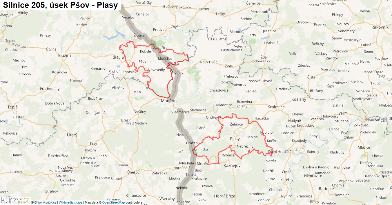 Úsek Pšov - Plasy, Silnice 205 - Mapa