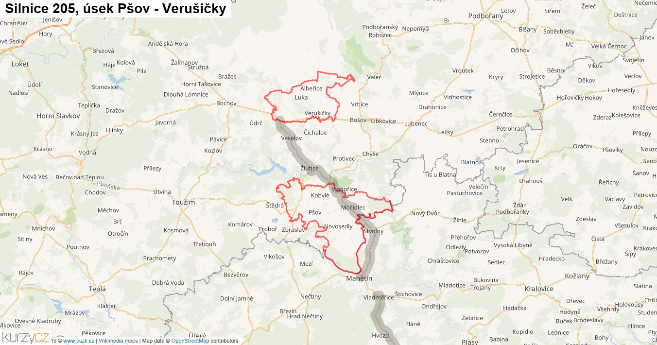 Úsek Pšov - Verušičky, Silnice 205 - Mapa