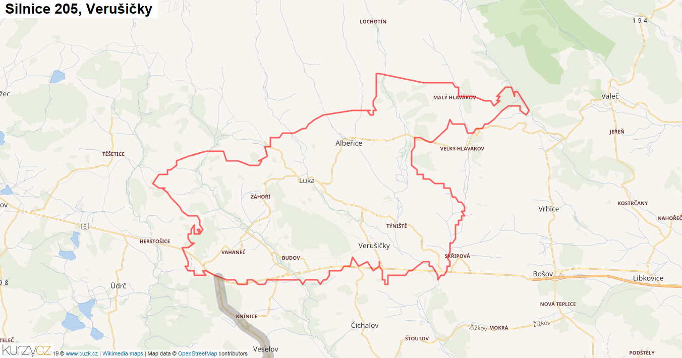 Verušičky, Silnice 205 - Mapa