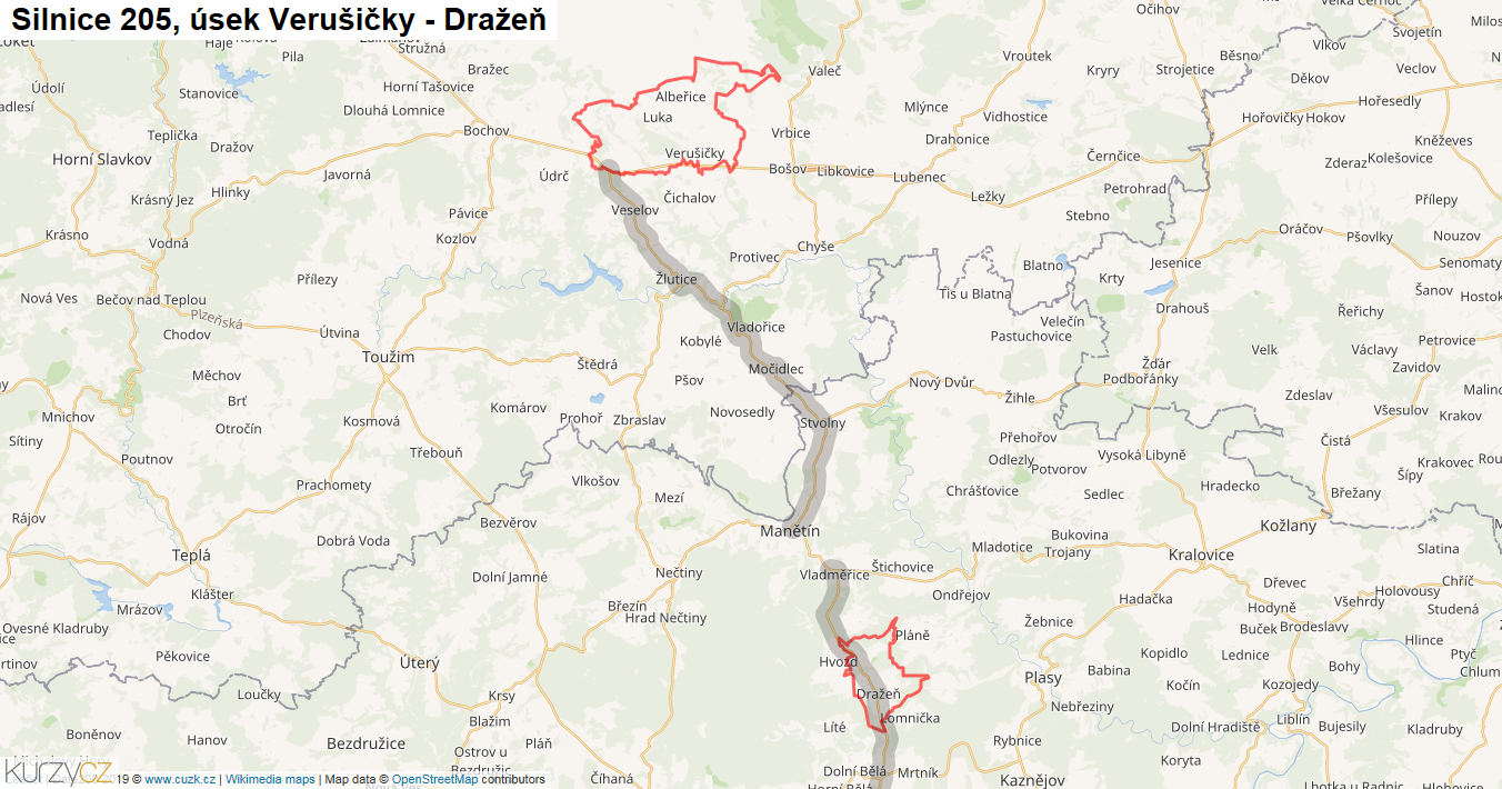 Úsek Verušičky - Dražeň, Silnice 205 - Mapa