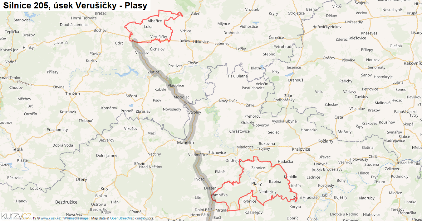 Úsek Verušičky - Plasy, Silnice 205 - Mapa