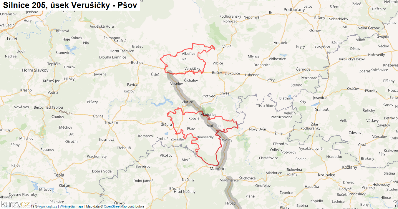 Úsek Verušičky - Pšov, Silnice 205 - Mapa