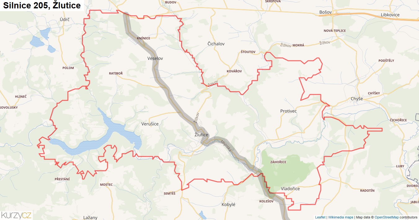 Žlutice, Silnice 205 - Mapa