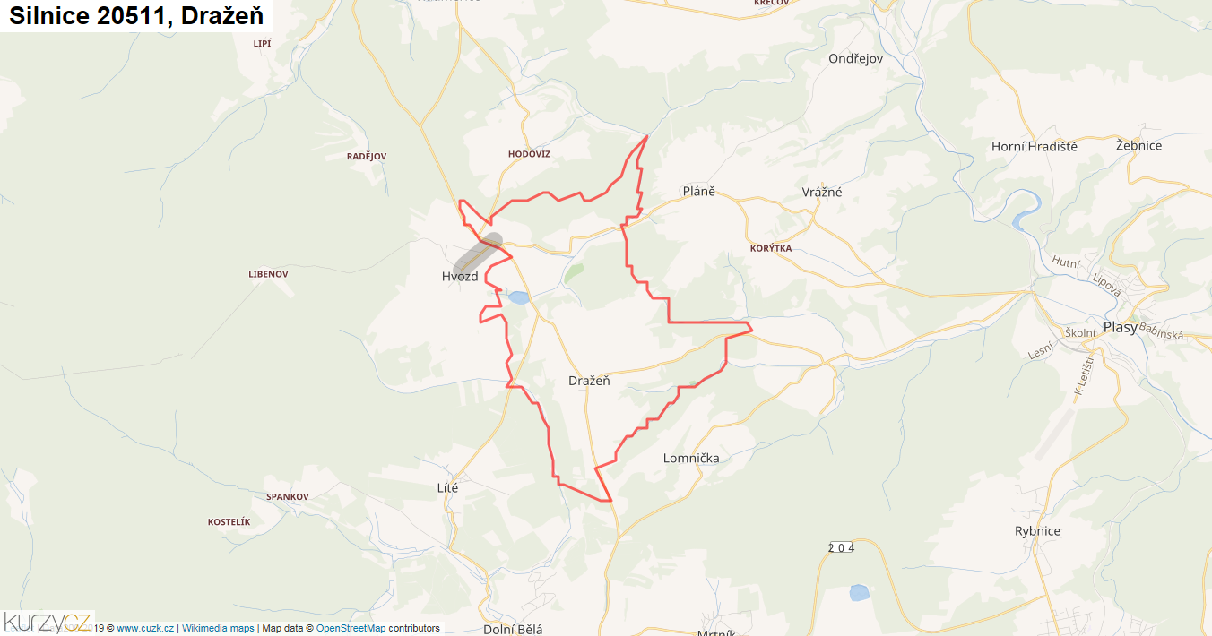 Dražeň, Silnice 20511 - Mapa