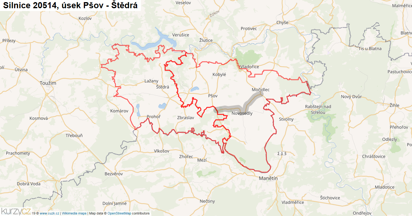 Úsek Pšov - Štědrá, Silnice 20514 - Mapa