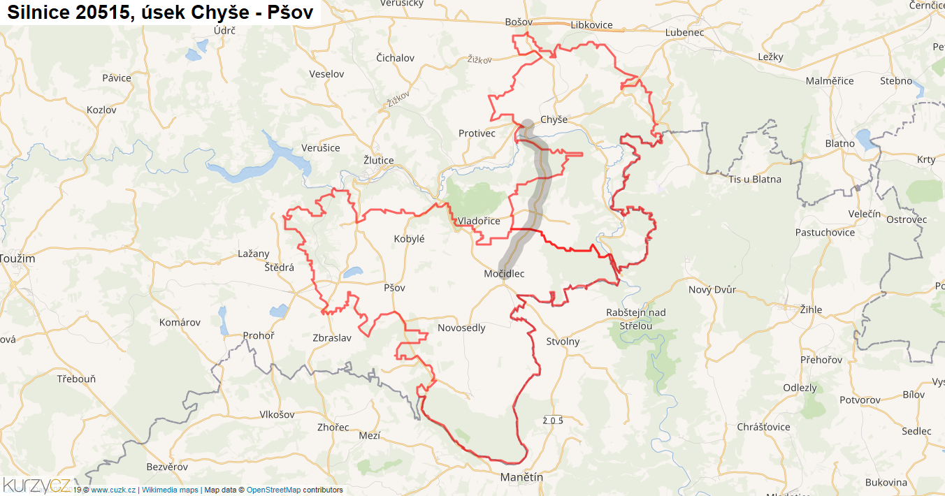 Úsek Chyše - Pšov, Silnice 20515 - Mapa