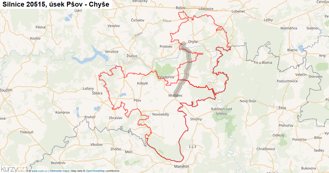 Úsek Pšov - Chyše, Silnice 20515 - Mapa