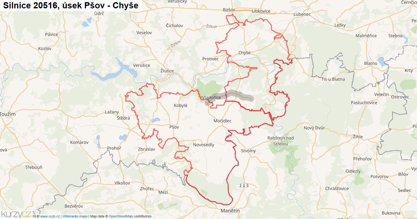 Úsek Pšov - Chyše, Silnice 20516 - Mapa