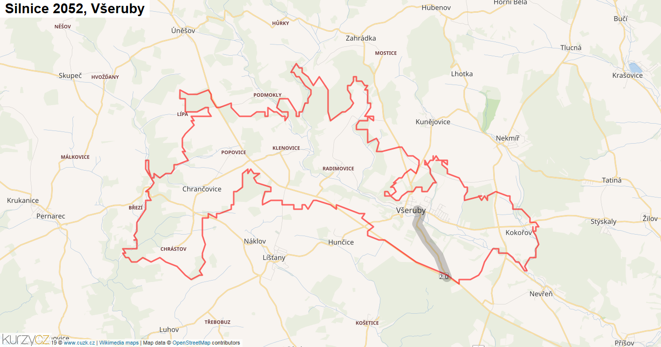 Všeruby, Silnice 2052 - Mapa