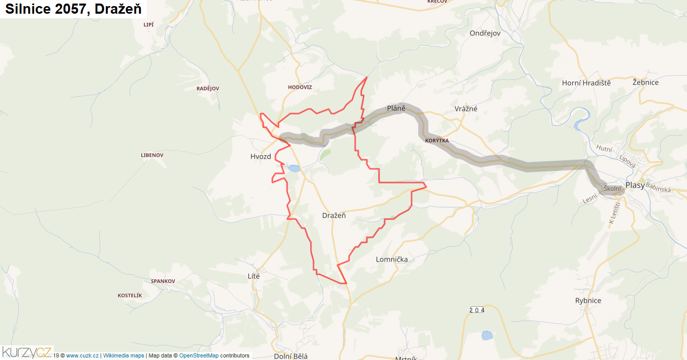Dražeň, Silnice 2057 - Mapa