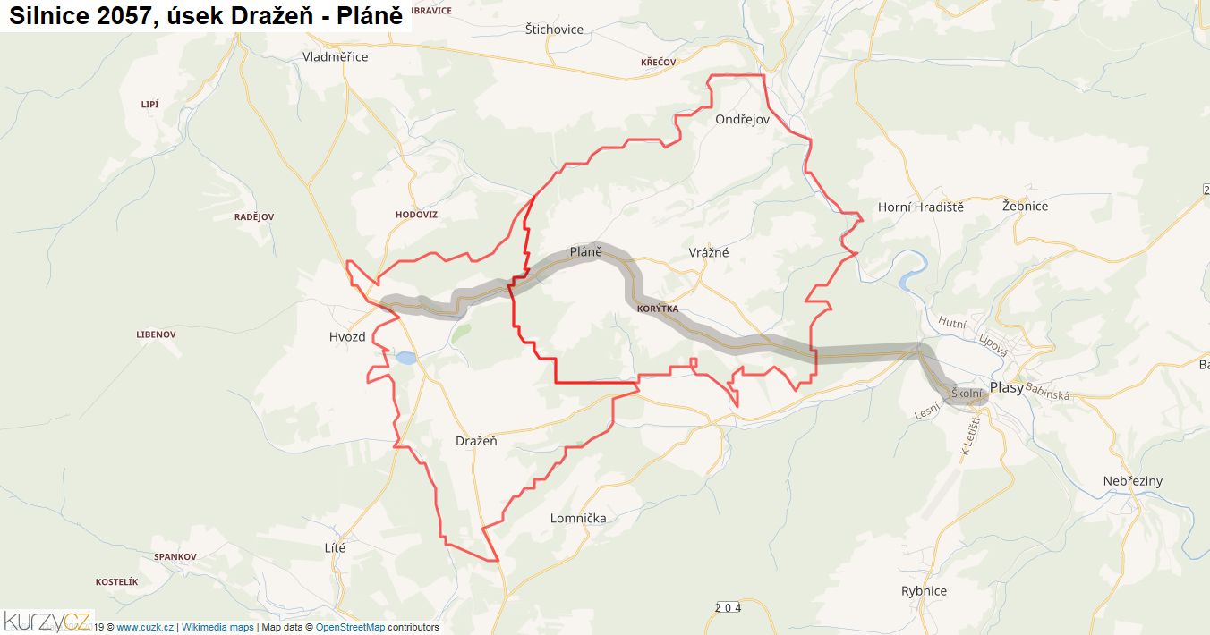 Úsek Dražeň - Pláně, Silnice 2057 - Mapa