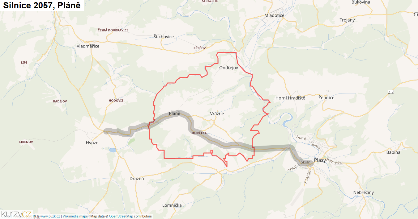 Pláně, Silnice 2057 - Mapa