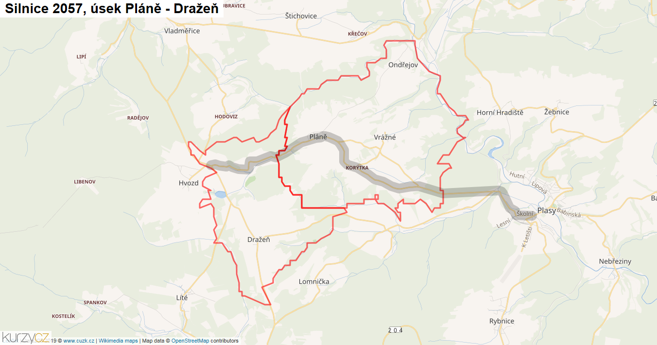 Úsek Pláně - Dražeň, Silnice 2057 - Mapa