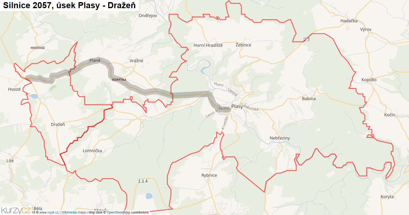 Úsek Plasy - Dražeň, Silnice 2057 - Mapa