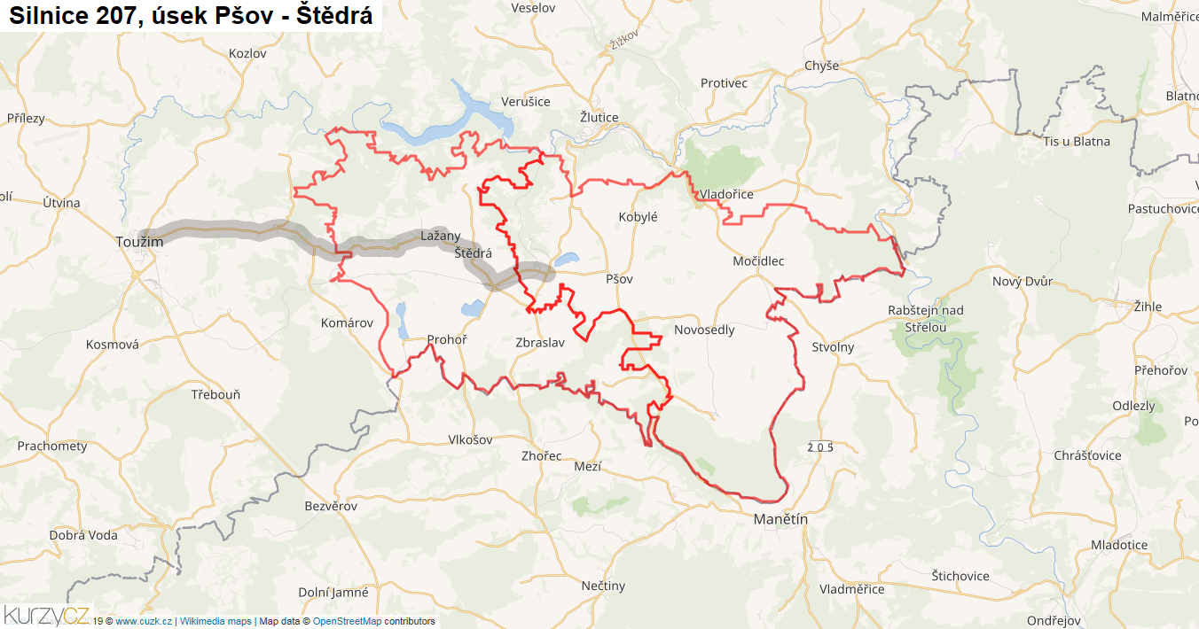 Úsek Pšov - Štědrá, Silnice 207 - Mapa
