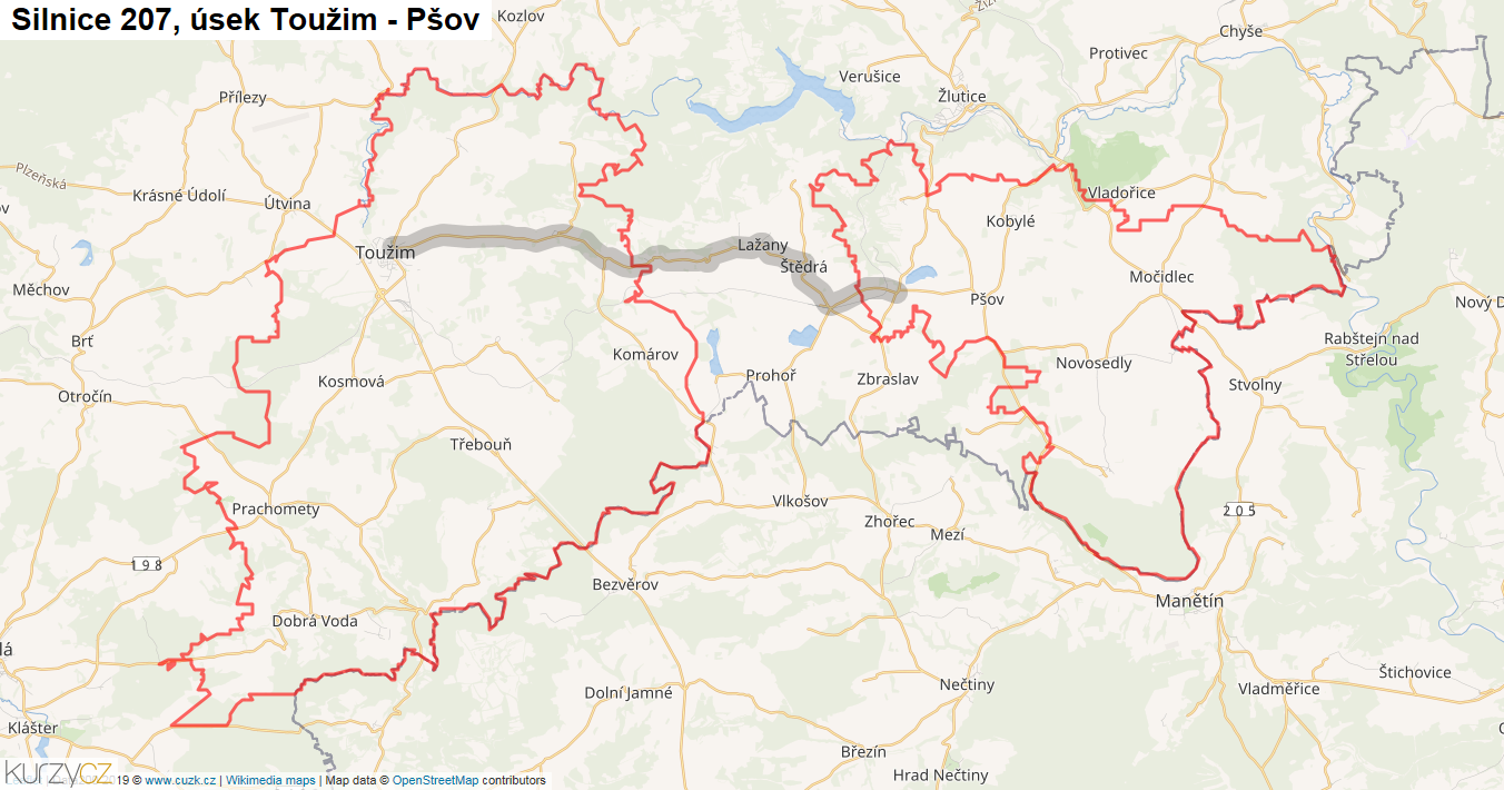 Úsek Toužim - Pšov, Silnice 207 - Mapa